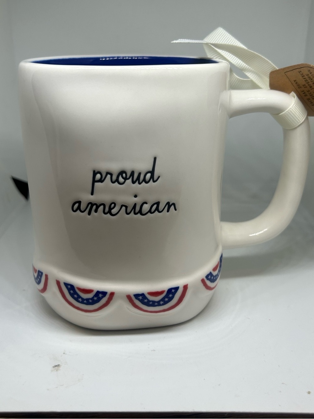 Rae Dunn White Ceramic Mug with Blue Interior and Patriotic Trim